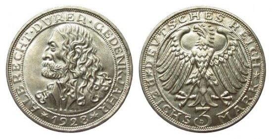 kosuke_dev ワイマール共和国 アルブレヒト・デューラー 1928年D 3マルク 銀貨 未使用-極美品
