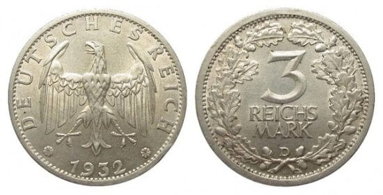 kosuke_dev ワイマール共和国 イーグル 1932年D 3マルク 銀貨 極美品