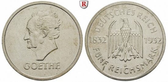 kosuke_dev ワイマール共和国 ゲーテ死後100年記念 1932年 5マルク 銀貨 未使用