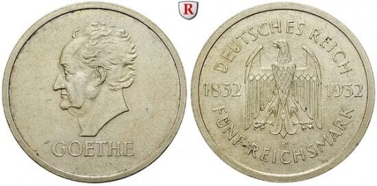 kosuke_dev ワイマール共和国 ゲーテ死後100年記念 1932年E 5マルク 銀貨 極美品