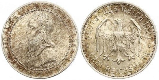kosuke_dev ワイマール共和国 チュービンゲン大学450周年 1927年F 3マルク 銀貨 未使用