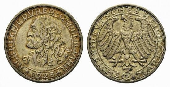 kosuke_dev ワイマール共和国 アルブレヒト・デューラー 1928年D 3マルク 銀貨 極美品