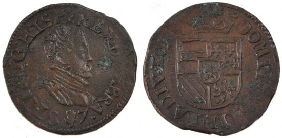kosuke_dev ベルギー ブラバント公国 スペイン フィリップ2世 1587年 リヤール 銅貨 未使用-