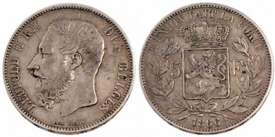 kosuke_dev ベルギー レオポルド2世 1866年 5フラン 銀貨 美品
