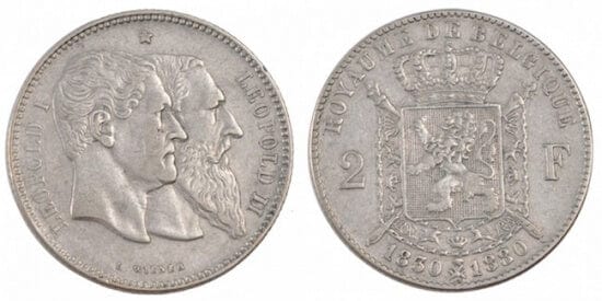 kosuke_dev ベルギー レオポルド2世 1880年 2フラン 銀貨 未使用-