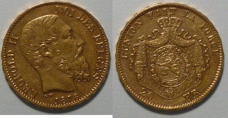 kosuke_dev ベルギー レオポルド2世 1878年 20フラン 金貨 タイプA 美品