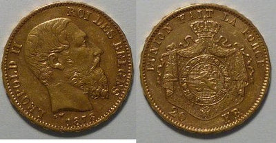 kosuke_dev ベルギー レオポルド2世 1878年 20フラン 金貨 タイプA 美品