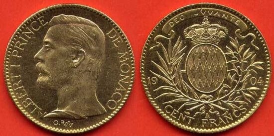 kosuke_dev モナコ大公　アルベール1世　100フラン　硬貨　1904年　未使用