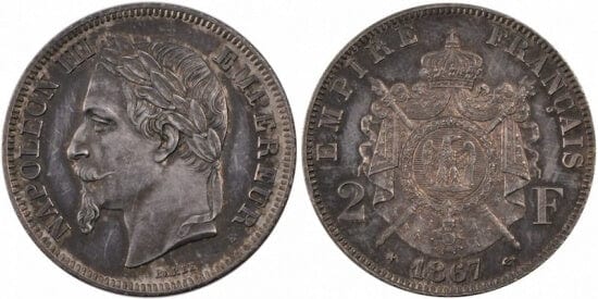 kosuke_dev フランス　フランス第二帝政　2フラン　1867年　銀貨　未使用
