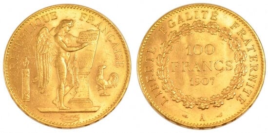 kosuke_dev フランス　フランス第三共和政　100フラン　1907年　金貨　未使用