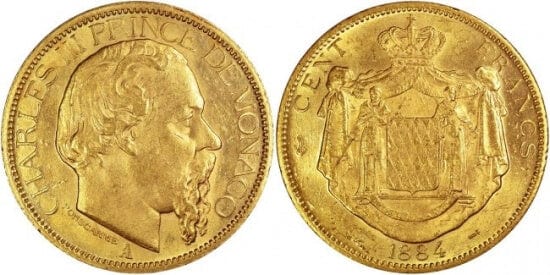 kosuke_dev モナコ大公　シャルル3世　100フラン　1884年　金貨　美品