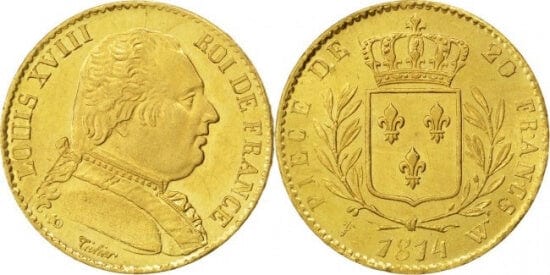 フランス　20フラン金貨　1814年A(パリ鋳)　美品　ルイ18世軍装