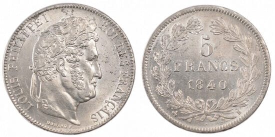 フランス王 ルイ・フィリップ1世 5フラン 1840年 銀貨 未使用 