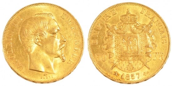 kosuke_dev フランス　フランス第二帝政　50フラン　1857年　金貨　未使用
