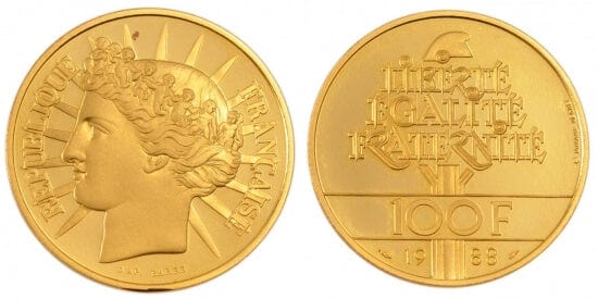 kosuke_dev フランス　フランス第五共和政　100フラン　1988年　金貨　未使用