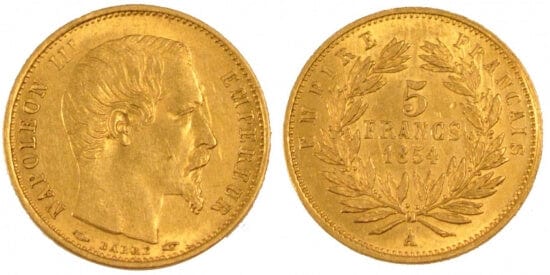 kosuke_dev フランス　フランス第二帝政　5フラン　1854年　金貨　未使用
