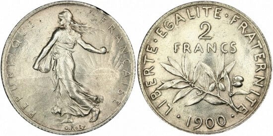 kosuke_dev フランス　フランス第三共和政　2フラン　1900年　銀貨　未使用