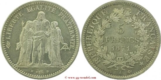 kosuke_dev フランス　パリ・コミューン　5フラン　1871年　銀貨　極美品