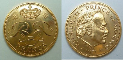 モナコ大公　レーニエ3世　5フラン　金貨　1971年　未使用
