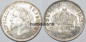 kosuke_dev フランス　ナポレオン3世　20セント　1864年　銀貨　未使用