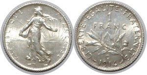 kosuke_dev フランス　フランス第五共和政　1フラン　1914年　銀貨　極美品