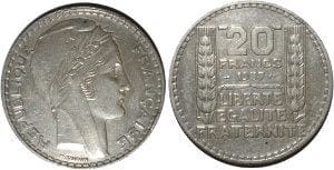 kosuke_dev フランス　フランス第三共和政　20フラン　1936年　銀貨　極美品