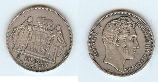 kosuke_dev モナコ王子　オノレ5世　5フラン　1837年　硬貨　未使用