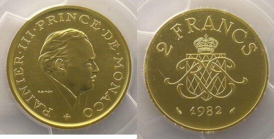 kosuke_dev モナコ大公　レーニエ3世　2フラン　金貨　1982年　未使用