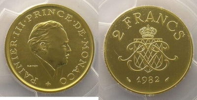 モナコ大公　レーニエ3世　2フラン　金貨　1982年　未使用