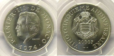 kosuke_dev モナコ大公　レーニエ3世　2000フラン　硬貨　1974年　未使用