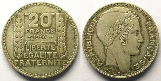 kosuke_dev フランス　フランス第三共和政　20フラン　1936年　銀貨　美品