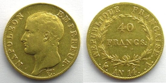 kosuke_dev フランス　ナポレオン　40フラン　AN14年　金貨　美品