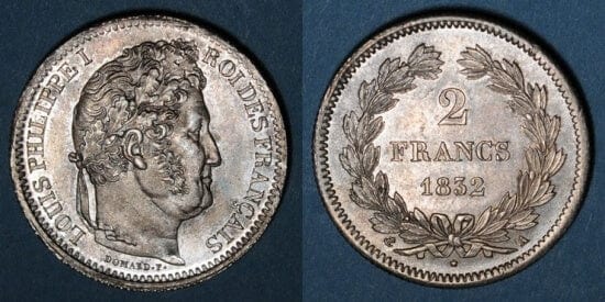フランス王 ルイ・フィリップ1世 2フラン 1832年 硬貨 極美品