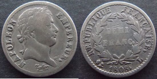 kosuke_dev フランス　ナポレオン1世　1/2フラン　1808年　硬貨　美品