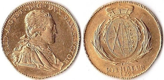 kosuke_dev 神聖ローマ帝国　ザクセン王　フリードリヒ・アウグスト3世　金貨　10ターラー　1795年　美品