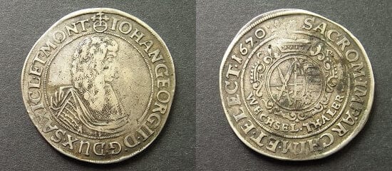 kosuke_dev 神聖ローマ帝国　ザクセン選帝侯　ヨハン・ゲオルク2世　銀貨　ターラー　1670年　美品