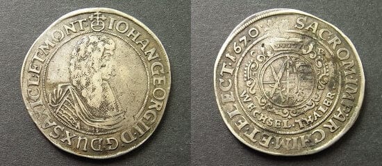 神聖ローマ帝国 ザクセン選帝侯 ヨハン・ゲオルク2世 銀貨 ターラー 1670年 美品 アンティークコインギャラリア