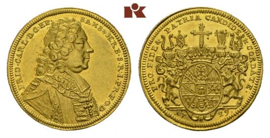 kosuke_dev 神聖ローマ帝国　バンベルク司教領　フリードリヒ・シェーンボルン　2ダカット　金貨　1729年　極美品
