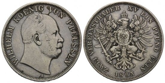 kosuke_dev 神聖ローマ帝国　プロイセン王　ヴィルヘルム1世　1865年　ターラー　銀貨　美品