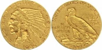 北米　アメリカ　2 1/2ドル　1909年　金貨　美品