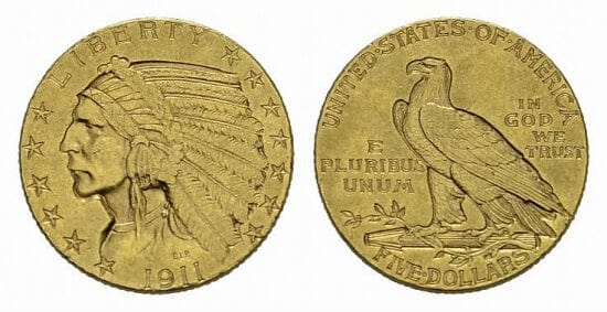 kosuke_dev アメリカ合衆国 フィラデルフィア インディアン 5ドル金貨 1911年 極美品