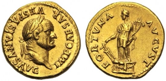 ローマ帝国 ウェスパシアヌス 69年-79年 アウレウス74 金貨 極美品