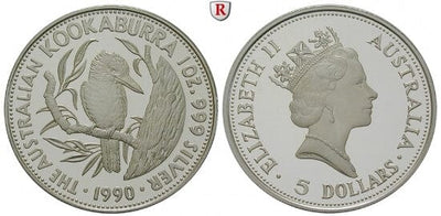 オーストラリア　エリザベス2世　1990年　5ドル　銀貨　プルーフ