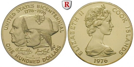 クック諸島　エリザベス2世　1976年　100ドル　金貨　プルーフ