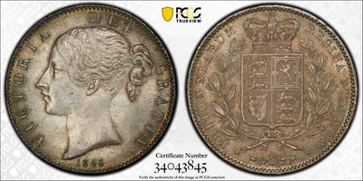 アンティークコインギャラリア 1845 イギリス ヤングヴィクトリア クラウン銀貨（S-3882）MS62
