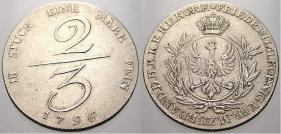 kosuke_dev 神聖ローマ帝国　ブランデンブルク=プロイセン　フリードリヒ・ヴィルヘルム2世　1796年　2/3ターラー　硬貨　美品