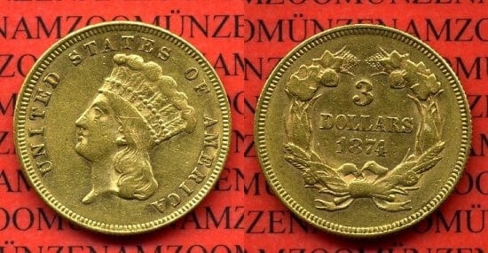 アメリカ合衆国 インディアン 3ドル金貨 1874年 極美品