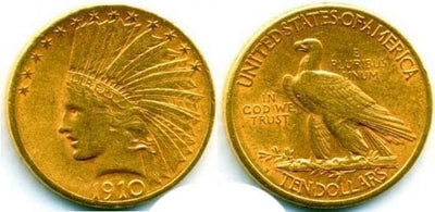 北米　アメリカ　サンフランシスコ　インディアン　10ドル　1910年　金貨　美品