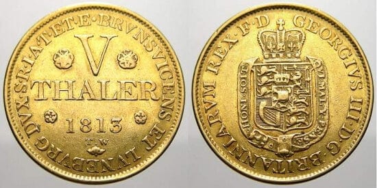 1813年 5ターレル金貨 極美品 ブラウンシュバイク-カレンベルク-ハノーバー ジョージ3世 1760-1820年