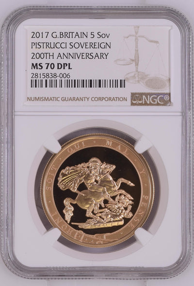 アンティークコインギャラリア 2017年 イギリス ピストルッチ 200周年記念 5ポンド金貨 MS70DPL